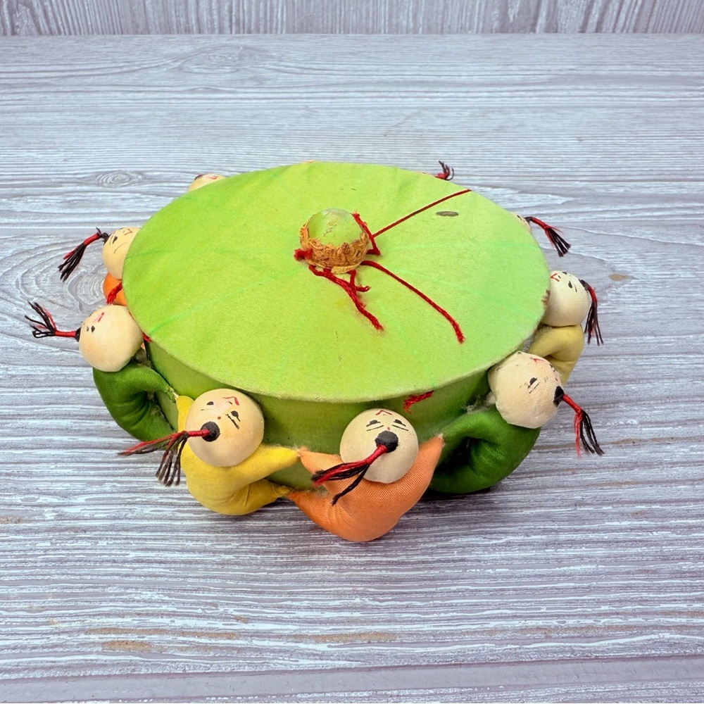Asian Silk Trinket Sewing Box Children Babies Green round 1960's decoration